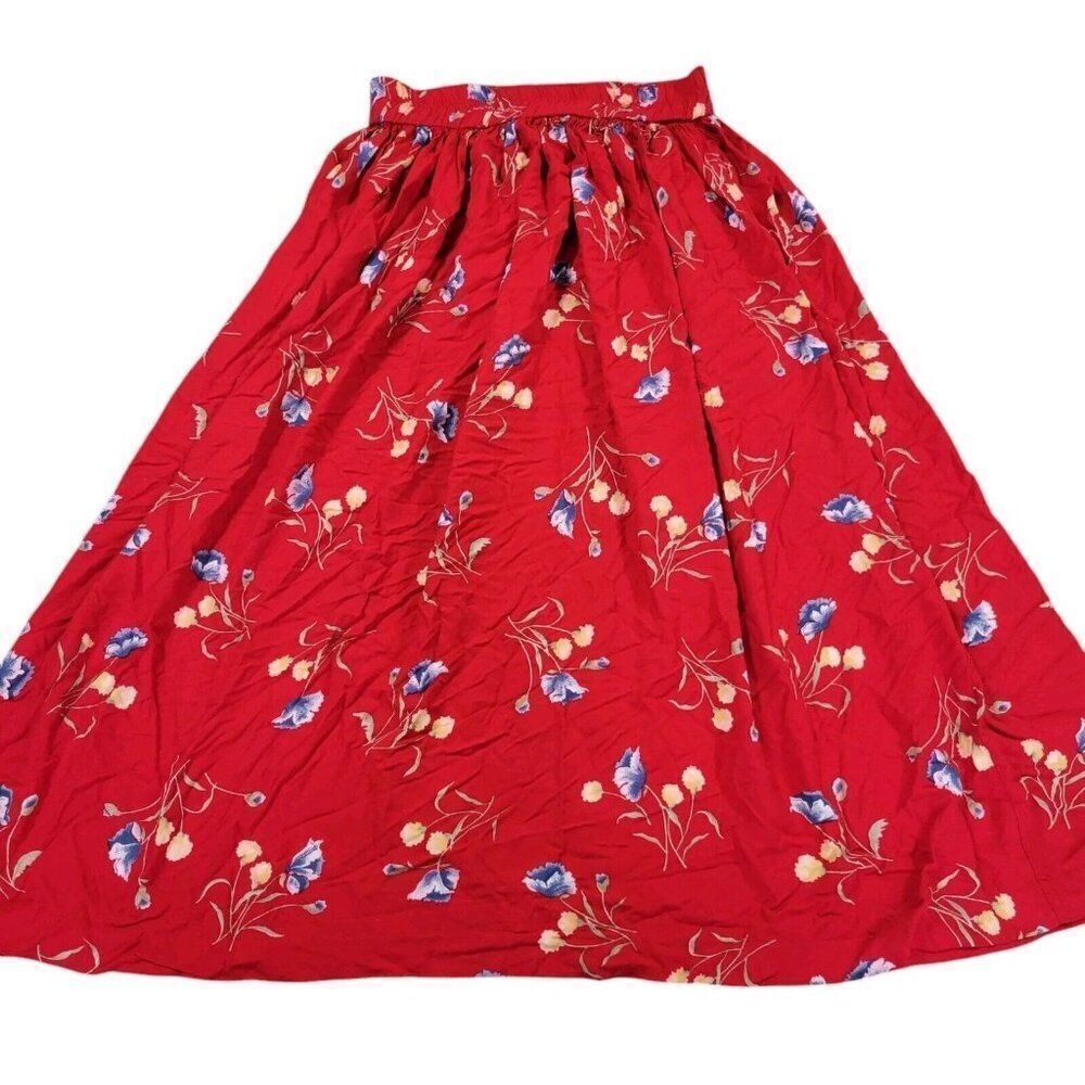 Vintage Stonebridge Skirt Womens Medium Red Floral Stretch Pleated Marks*